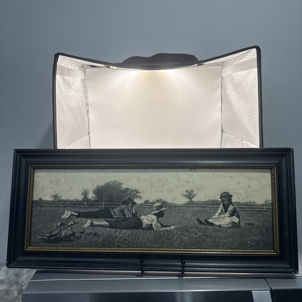 Vintage 1871 Rural Children Field Scene Antique Style Framed Engraving Print